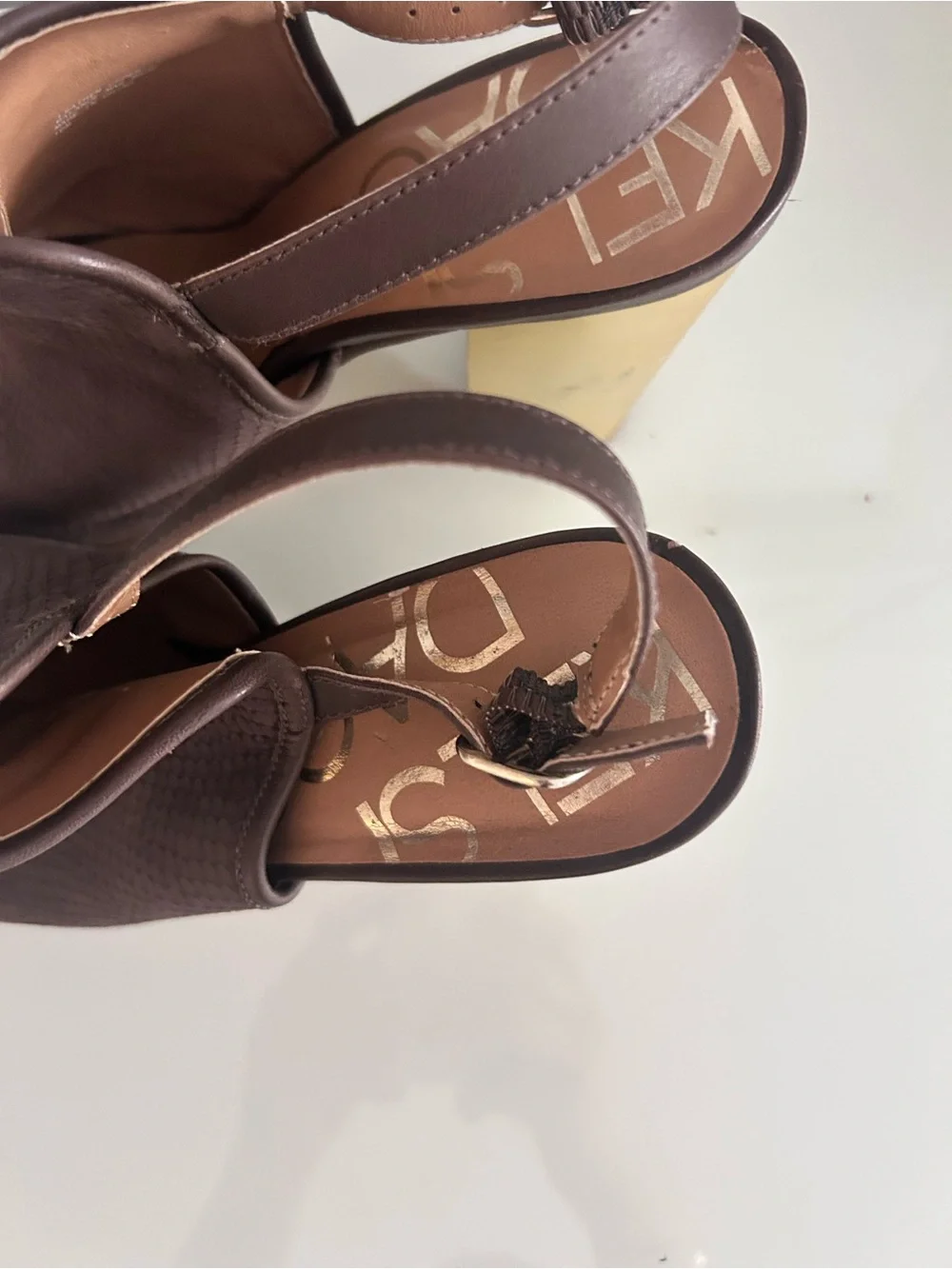 Kelsi Dagger Brown Slingback Heels with Gold Block Heel